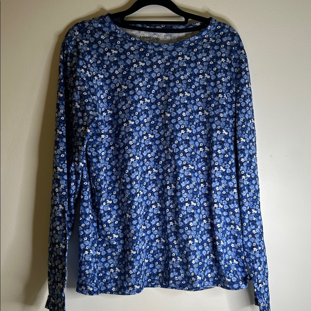 Lands' End M Blue Floral Long Sleeve Tee